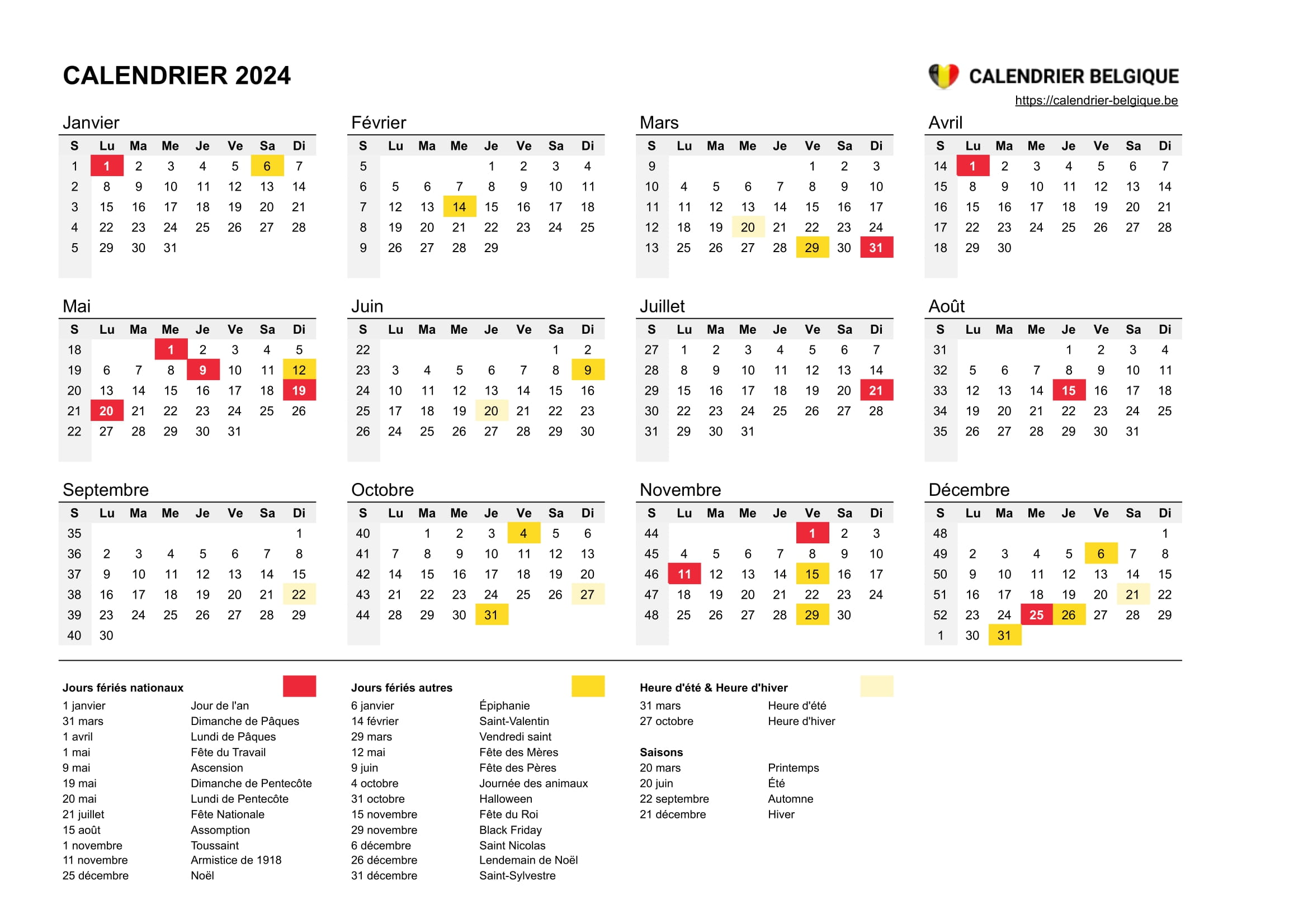 Calendrier 2024 • Calendrier Belgique